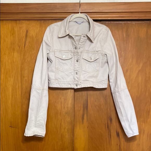 Zara Cream Cropped Jean Jacket Extended Sleeves Cuff Denim  Unique Avant Garde - Picture 1 of 8